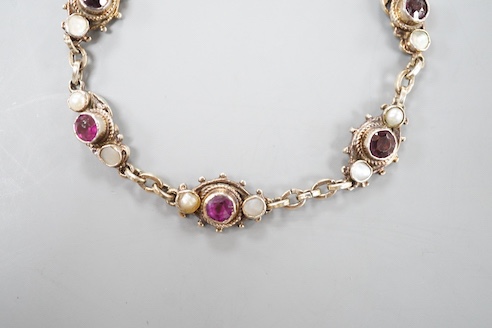 A 19th century Austro-Hungarian? gilt white metal, mother of pearl and doublet set bracelet, 17.5cm.